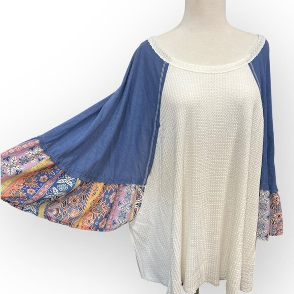 A Beautiful Soul Boho Blouse Size 2XL White and Blue Flowy Top - Picture 7 of 8